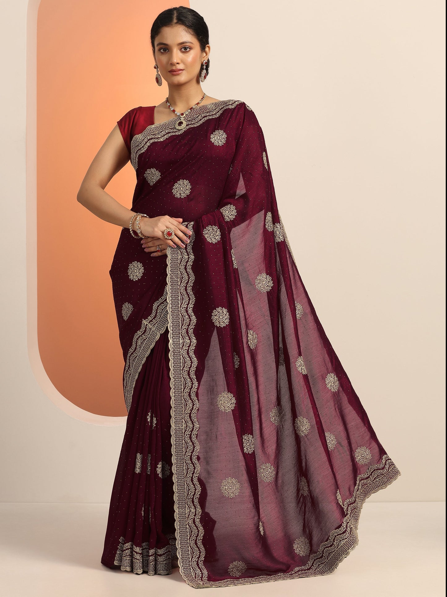 Maroon Embellished Silk Blend Saree With Unstitched Blouse Piece
