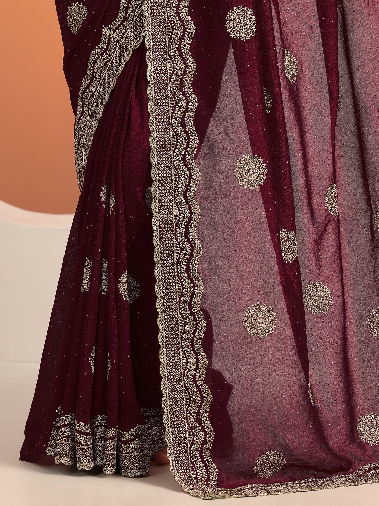 Maroon Embellished Silk Blend Saree With Unstitched Blouse Piece