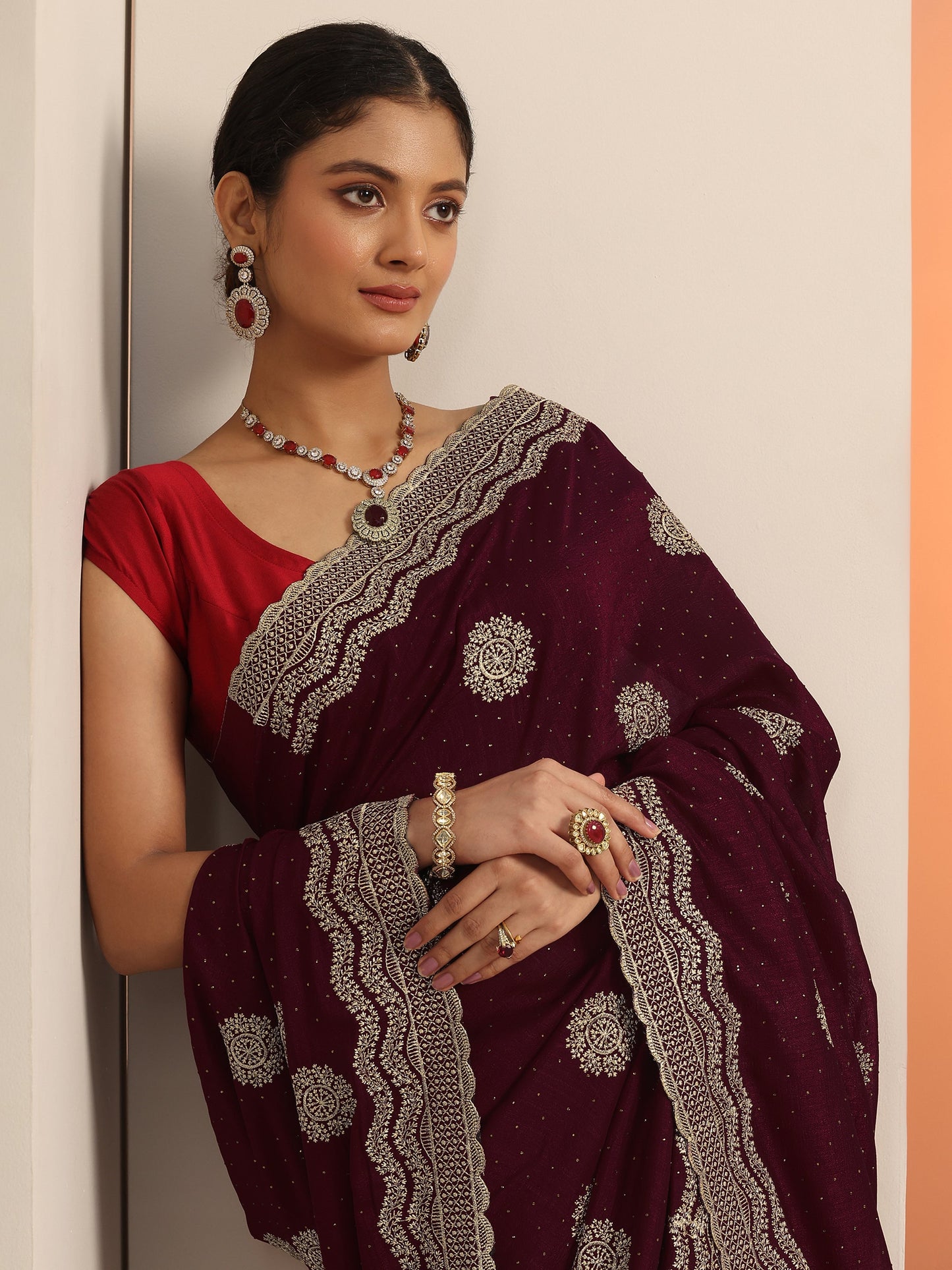 Maroon Embellished Silk Blend Saree With Unstitched Blouse Piece