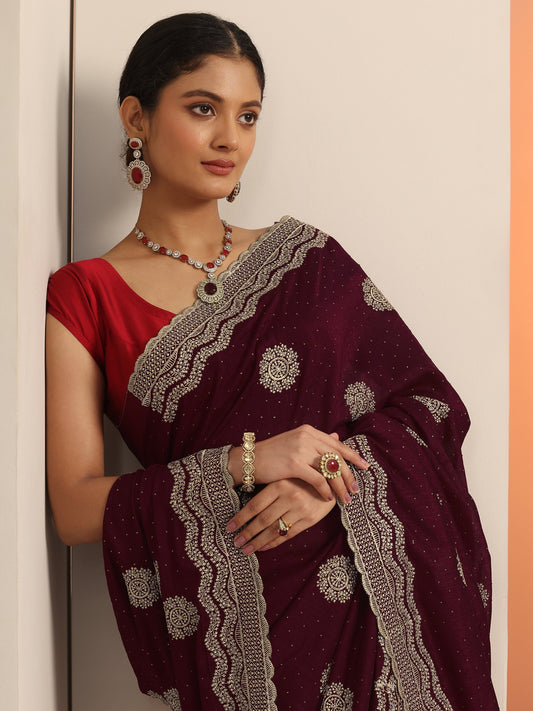 Maroon Embellished Silk Blend Saree With Unstitched Blouse Piece