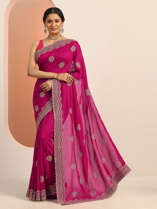 Pink Embellished Silk blend Saree With Unstitched Blouse Piece
