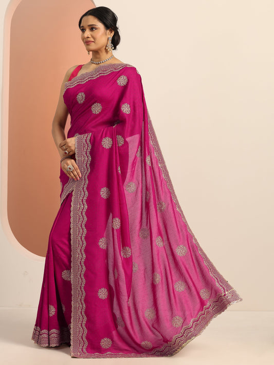 Pink Embellished Silk blend Saree With Unstitched Blouse Piece