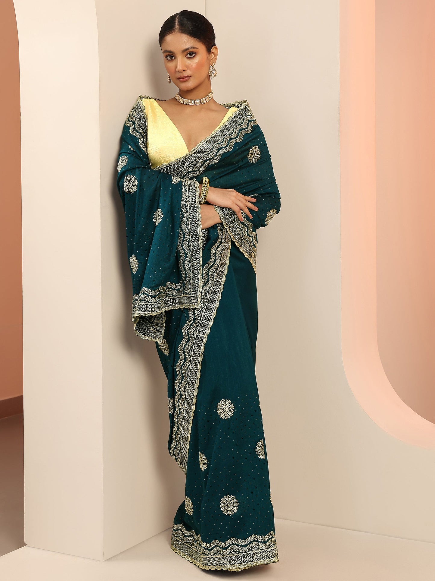 Teal Embellishments Silk Blend Saree With Unstitched Blouse Piece