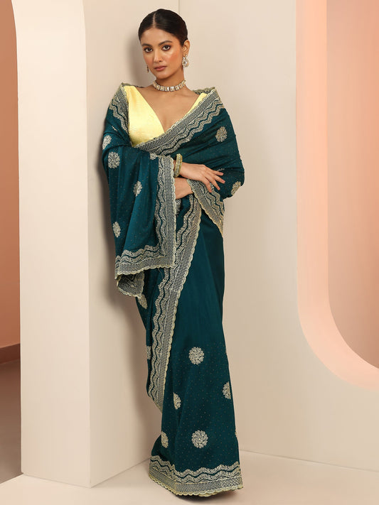 Teal Embellishments Silk Blend Saree With Unstitched Blouse Piece