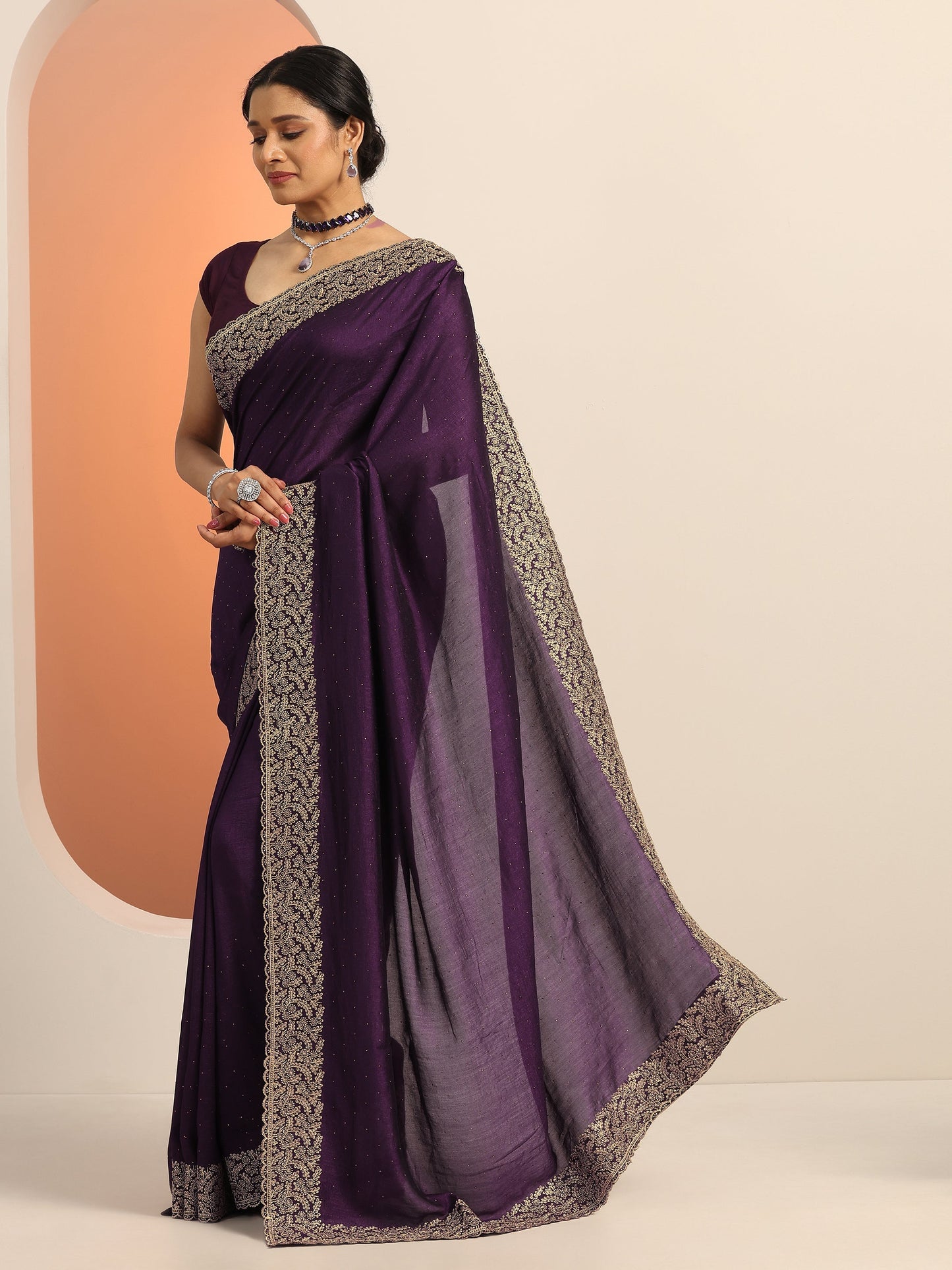 Burgundy Embellished Silk blend Saree With Unstitched Blouse Piece