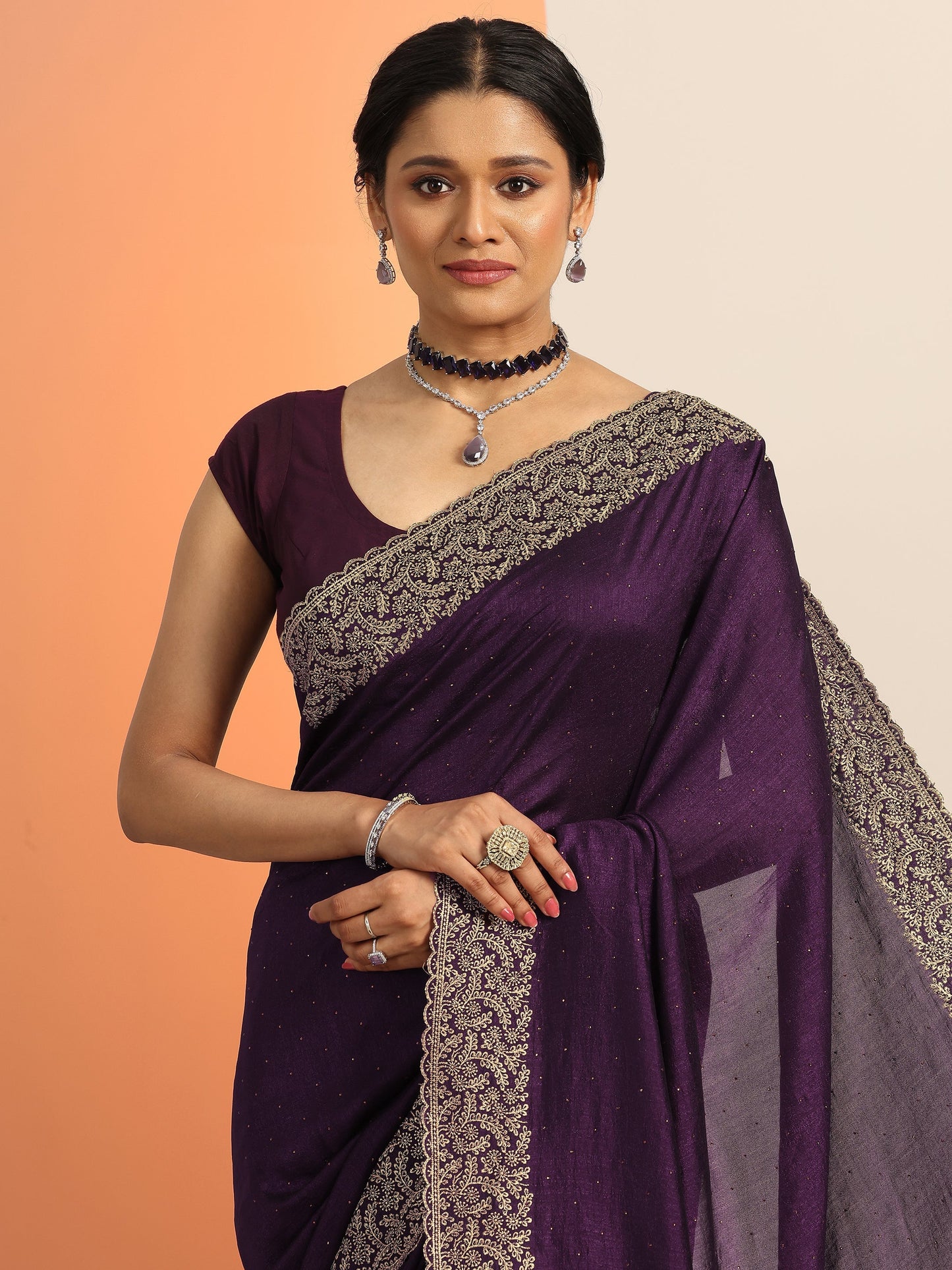 Burgundy Embellished Silk blend Saree With Unstitched Blouse Piece