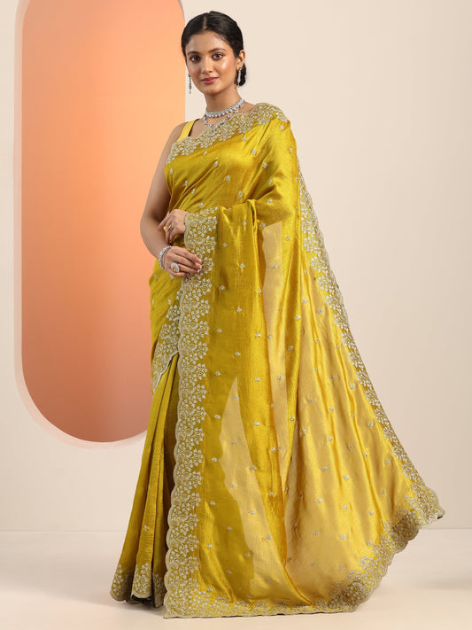 Mustard Embroidered Silk blend Saree With Unstitched Blouse Piece