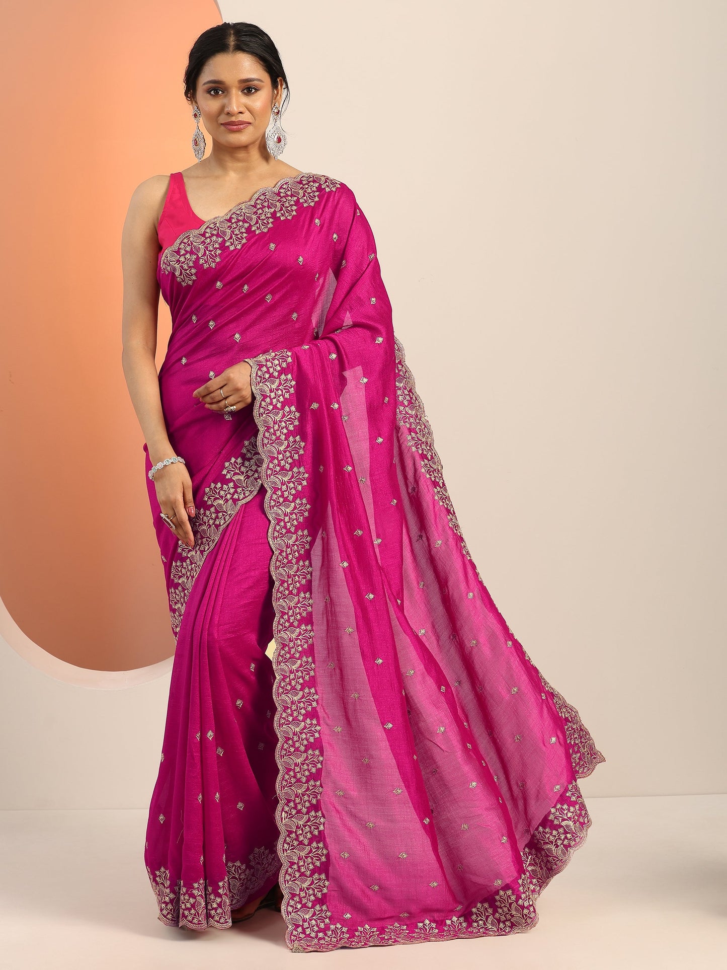 Pink Embroidered Silk blend Saree With Unstitched Blouse Piece