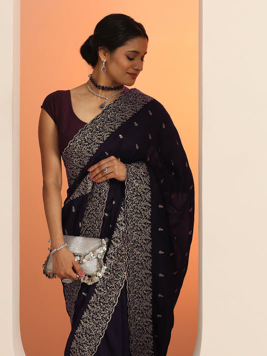 Purple Embroidered Silk blend Saree With Unstitched Blouse Piece