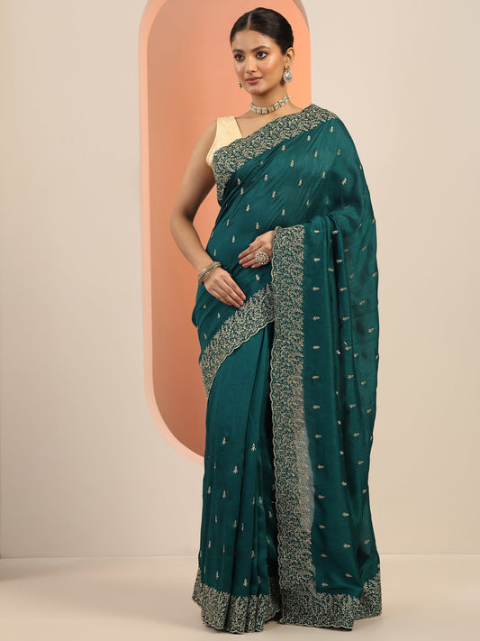 Teal Embroidered Silk Blend Saree With Unstitched Blouse Piece