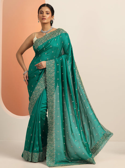 Green Embroidered Silk blend Saree With Unstitched Blouse Piece