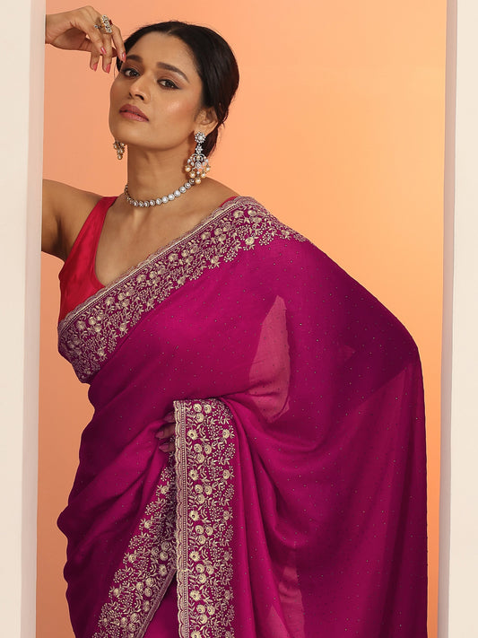Red Embellished Silk blend Saree With Unstitched Blouse Piece