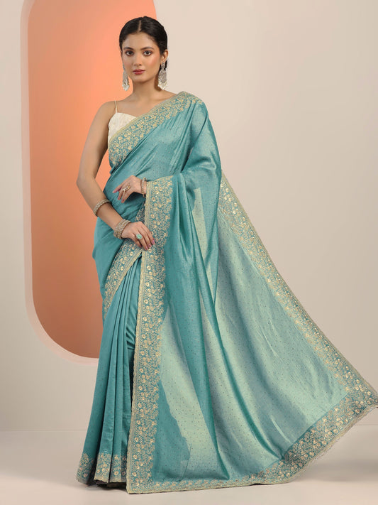 Blue Embellished Silk blend Saree With Unstitched Blouse Piece