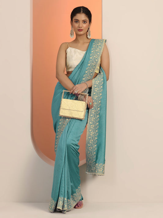 Blue Embellished Silk blend Saree With Unstitched Blouse Piece