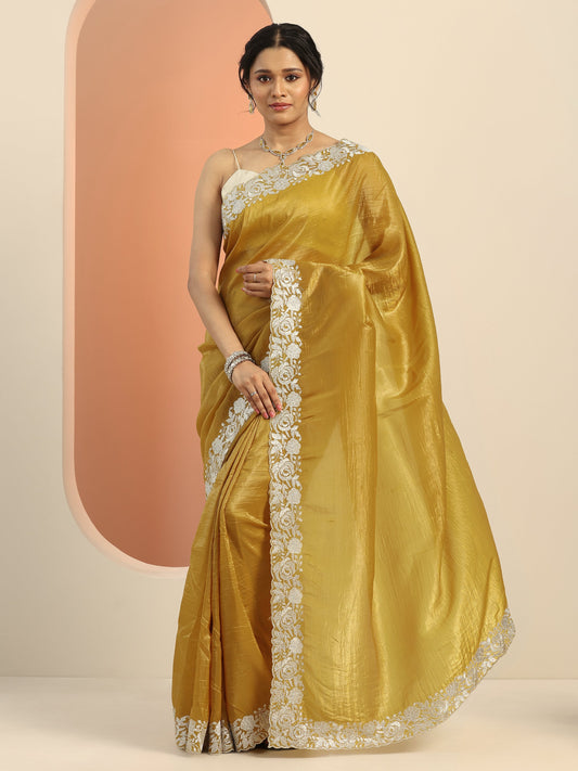Mustard Embroidered Silk blend Saree With Unstitched Blouse Piece