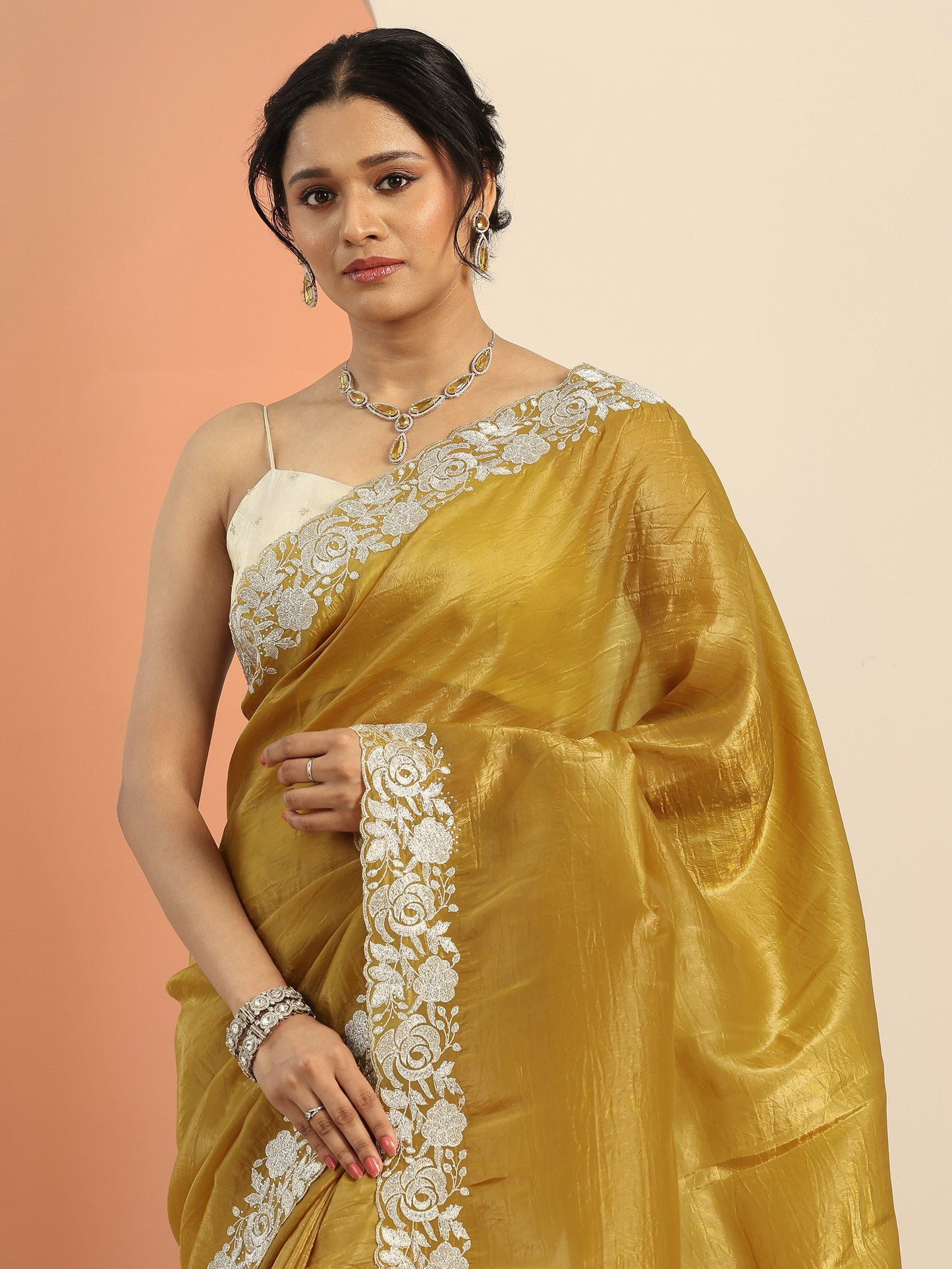 Mustard Embroidered Silk blend Saree With Unstitched Blouse Piece