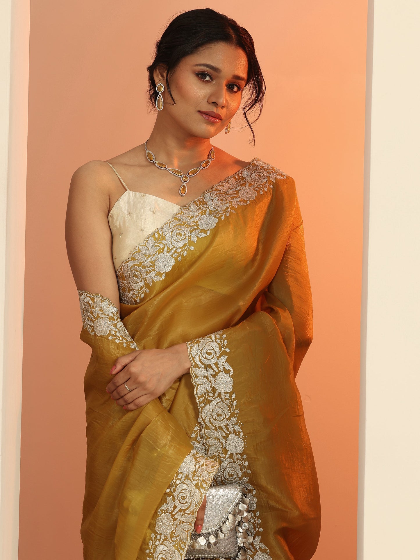 Mustard Embroidered Silk blend Saree With Unstitched Blouse Piece