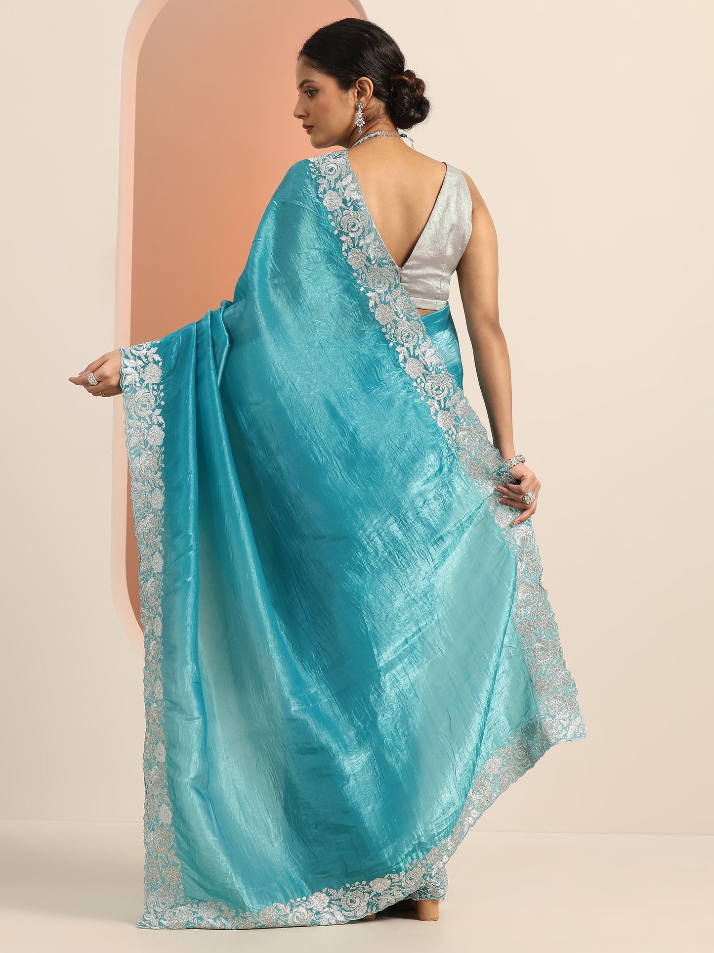 Blue Embroidered Organza Saree With Unstitched Blouse Piece