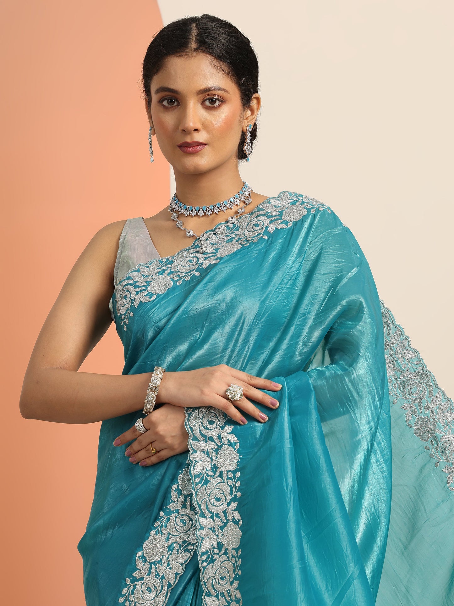 Blue Embroidered Organza Saree With Unstitched Blouse Piece