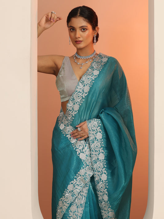 Blue Embroidered Organza Saree With Unstitched Blouse Piece