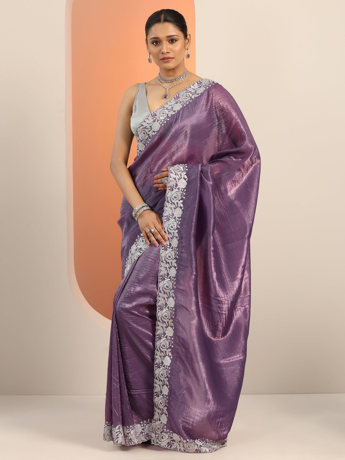 Purple Embroidered Jimmy Choo Organza Saree With Unstitched Blouse Piece