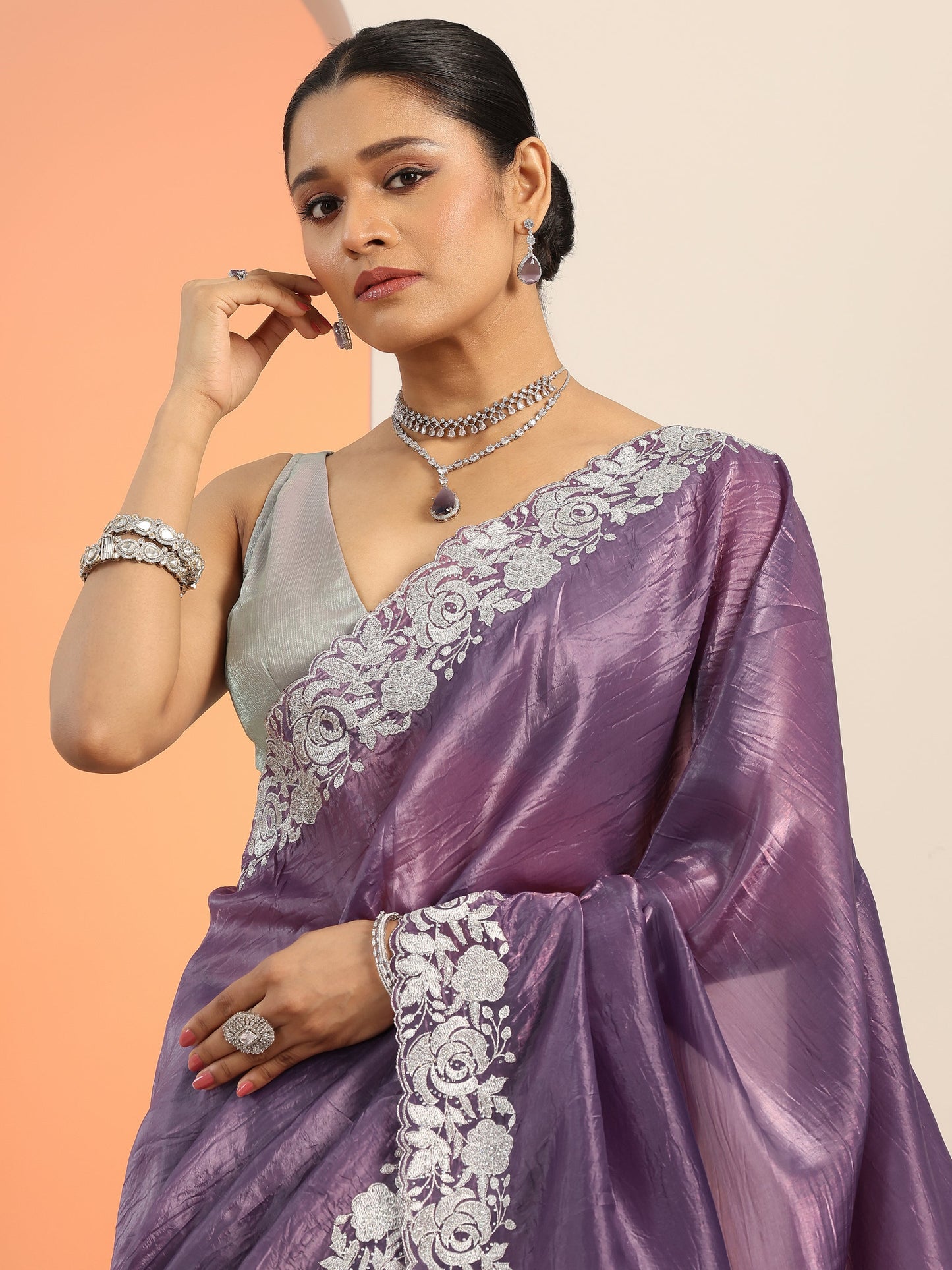 Purple Embroidered Jimmy Choo Organza Saree With Unstitched Blouse Piece