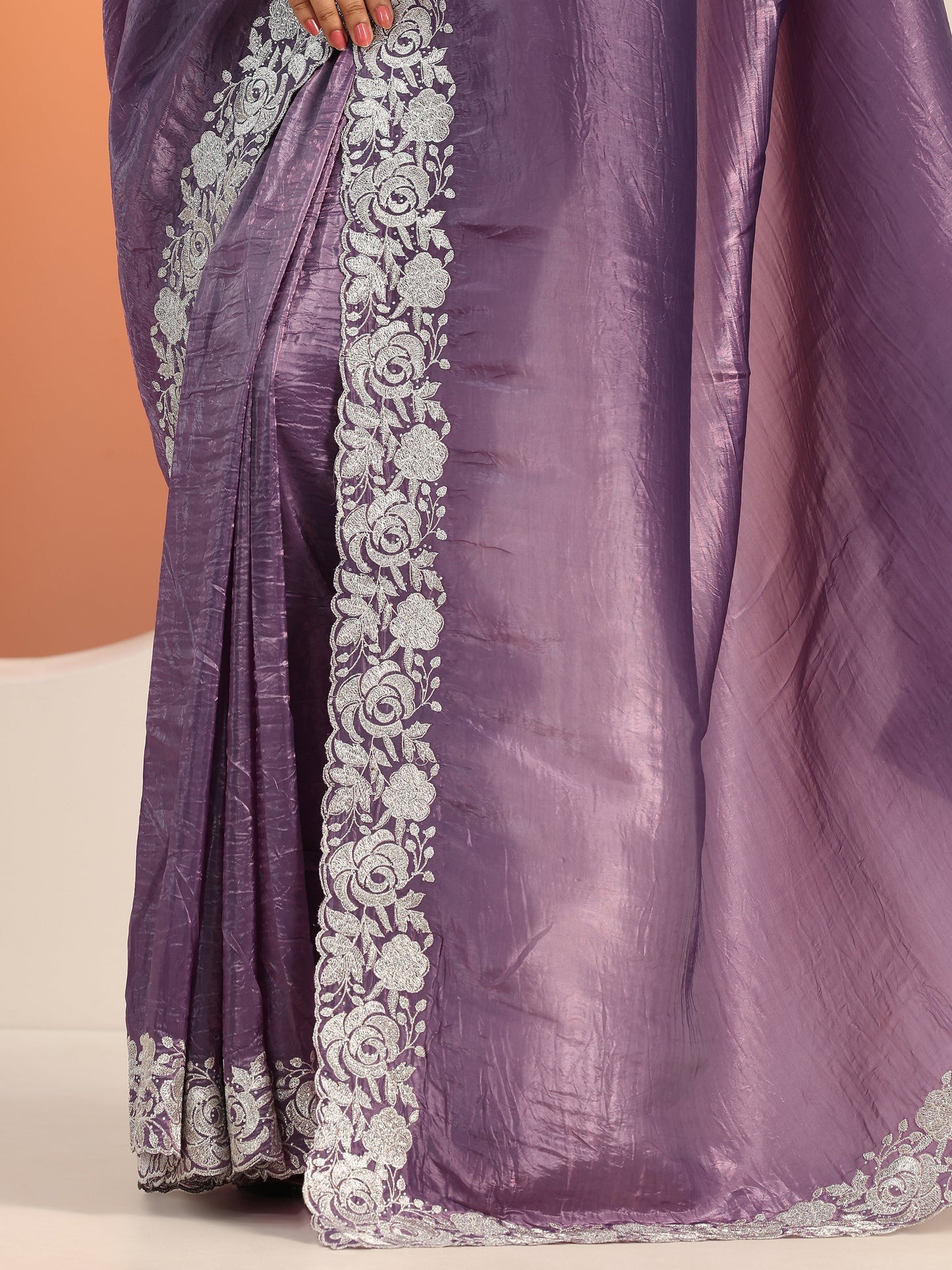 Purple Embroidered Jimmy Choo Organza Saree With Unstitched Blouse Piece
