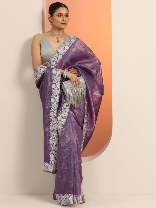 Purple Embroidered Jimmy Choo Organza Saree With Unstitched Blouse Piece