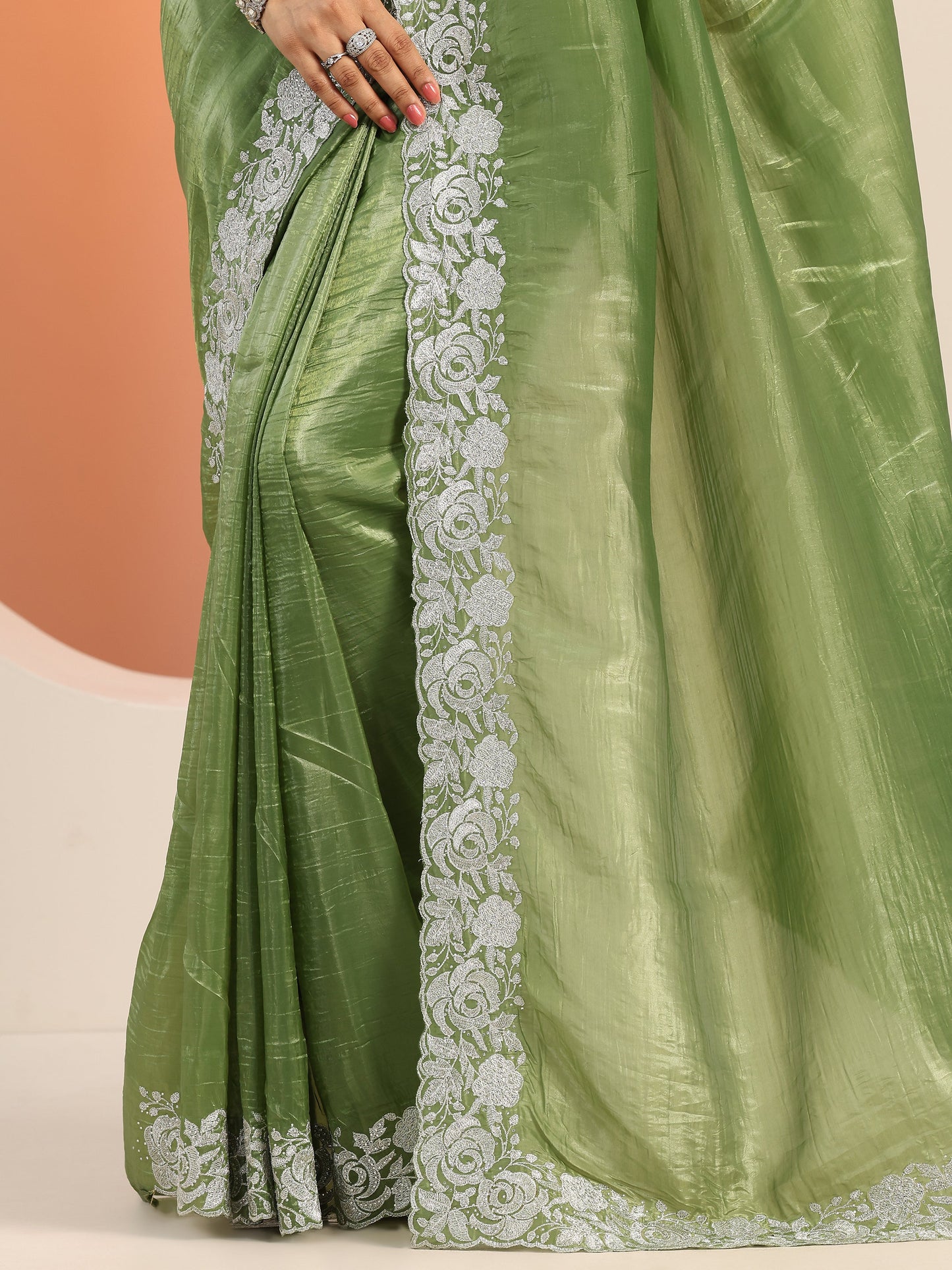 Olive Embroidered Jimmy Choo Organza Saree With Unstitched Blouse Piece