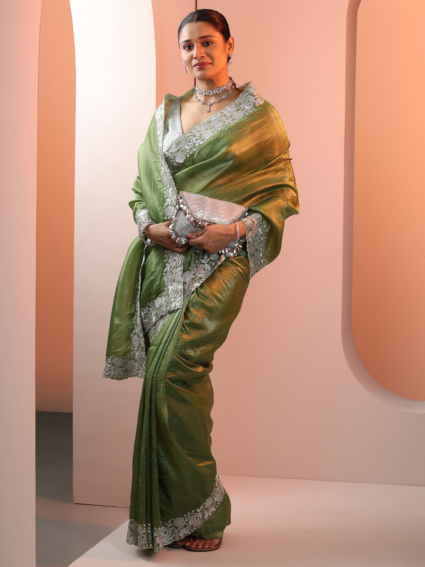 Olive Embroidered Jimmy Choo Organza Saree With Unstitched Blouse Piece