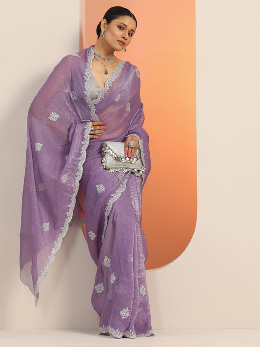 Lavender Embellished Silk blend Saree With Unstitched Blouse Piece