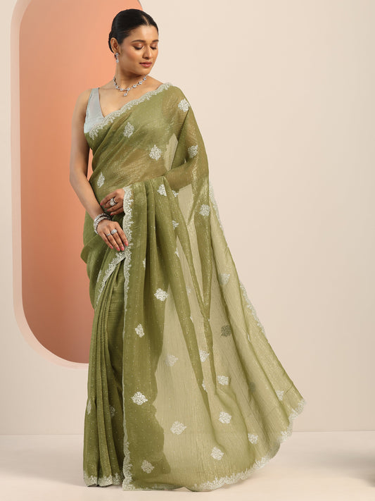Olive Embellished Silk blend Saree With Unstitched Blouse Piece