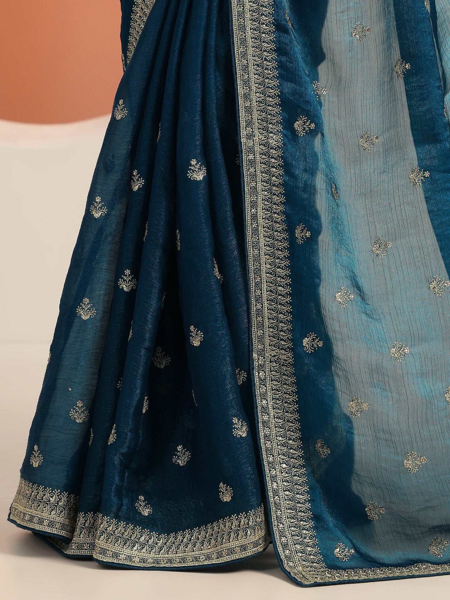 Teal Embroidered Chiffon Saree With Unstitched Blouse Piece