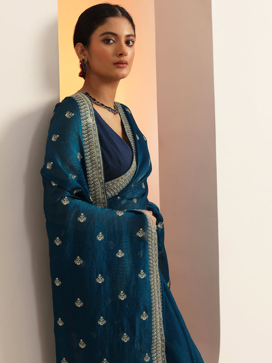 Teal Embroidered Chiffon Saree With Unstitched Blouse Piece