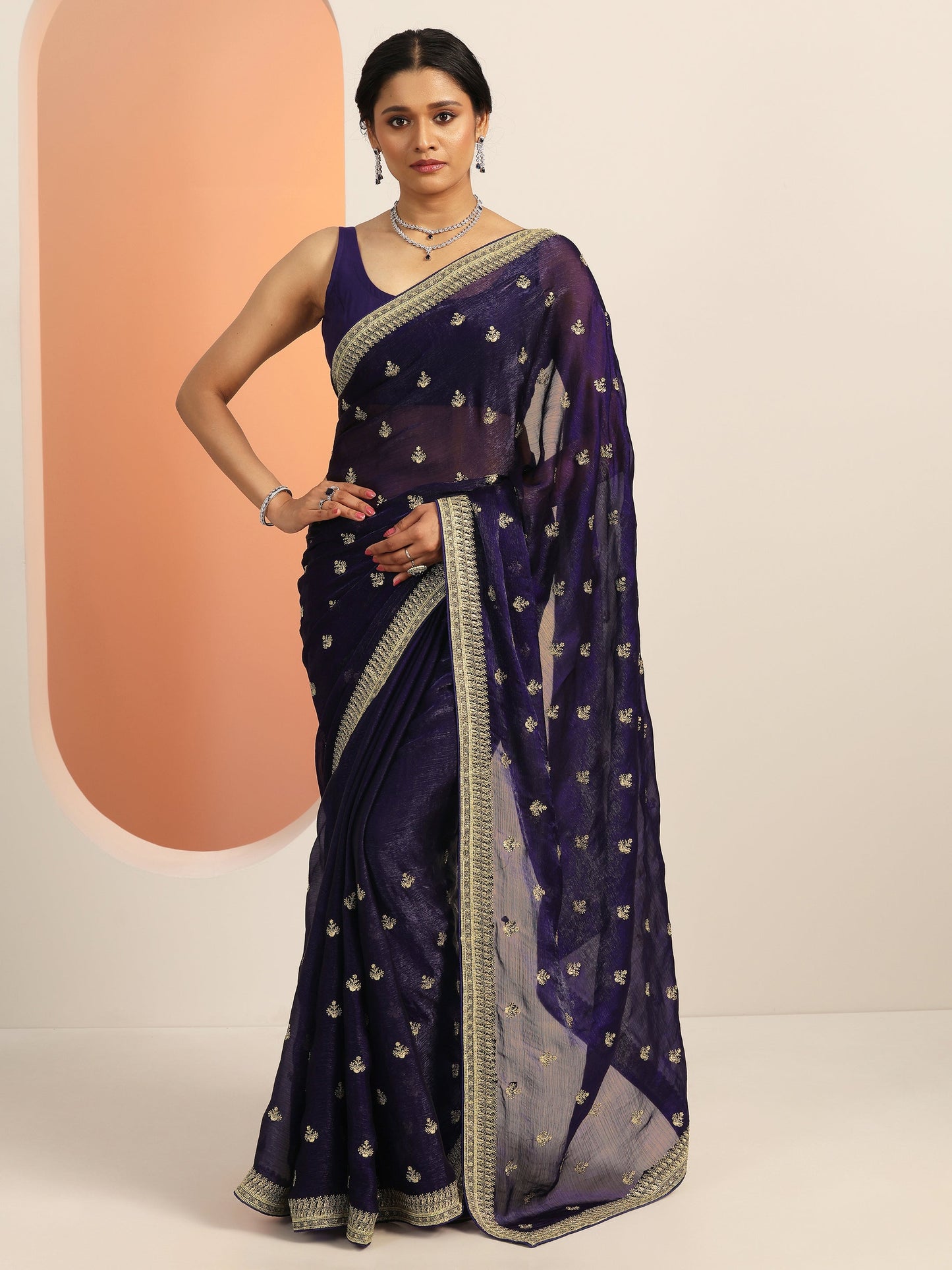 Purple Embroidered Chiffon Saree With Unstitched Blouse Piece