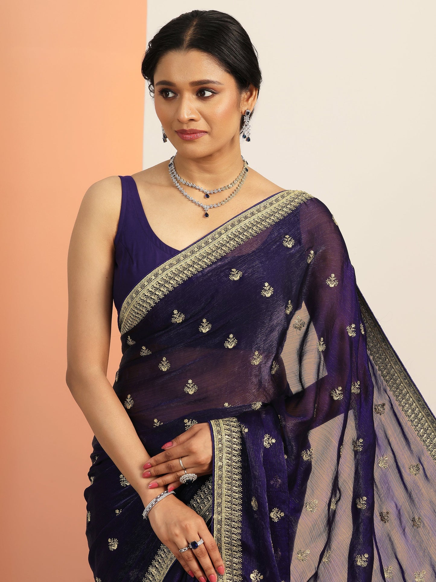 Purple Embroidered Chiffon Saree With Unstitched Blouse Piece