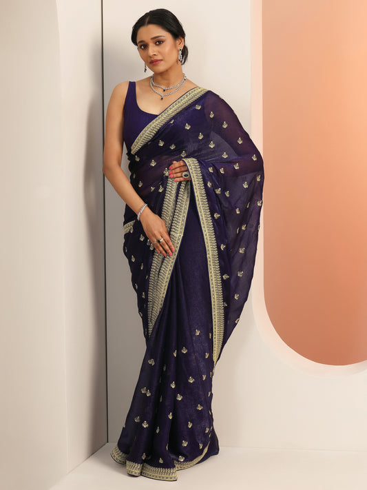 Purple Embroidered Chiffon Saree With Unstitched Blouse Piece