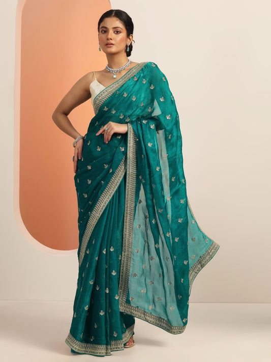 Green Embroidered Chiffon Saree With Unstitched Blouse Piece