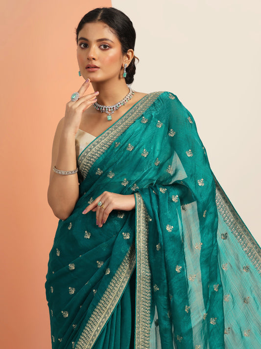 Green Embroidered Chiffon Saree With Unstitched Blouse Piece