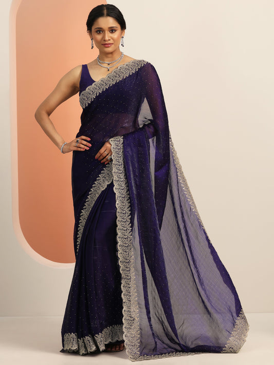 Navy blue Embellished Chiffon Saree With Unstitched Blouse Piece