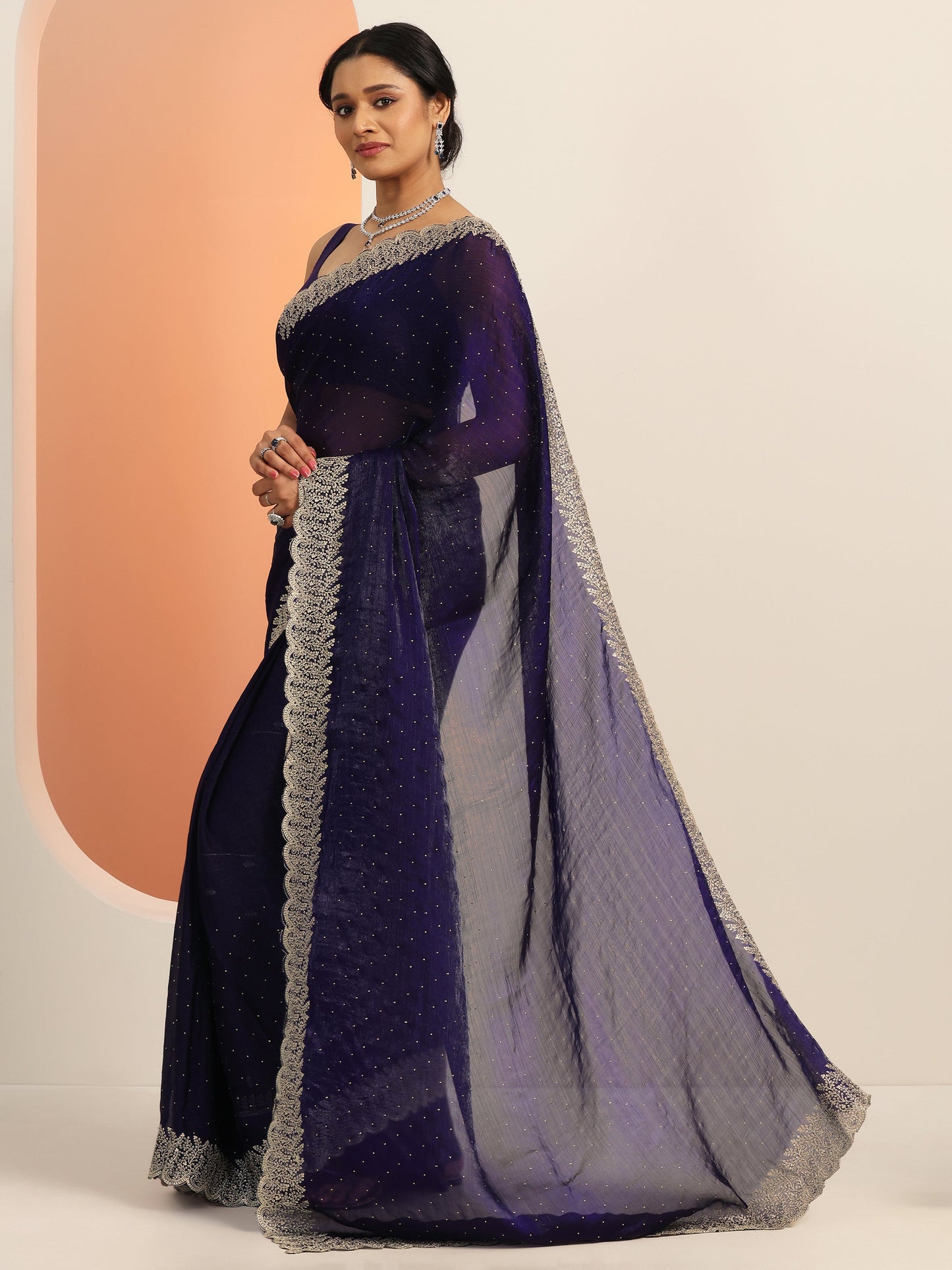 Navy blue Embellished Chiffon Saree With Unstitched Blouse Piece