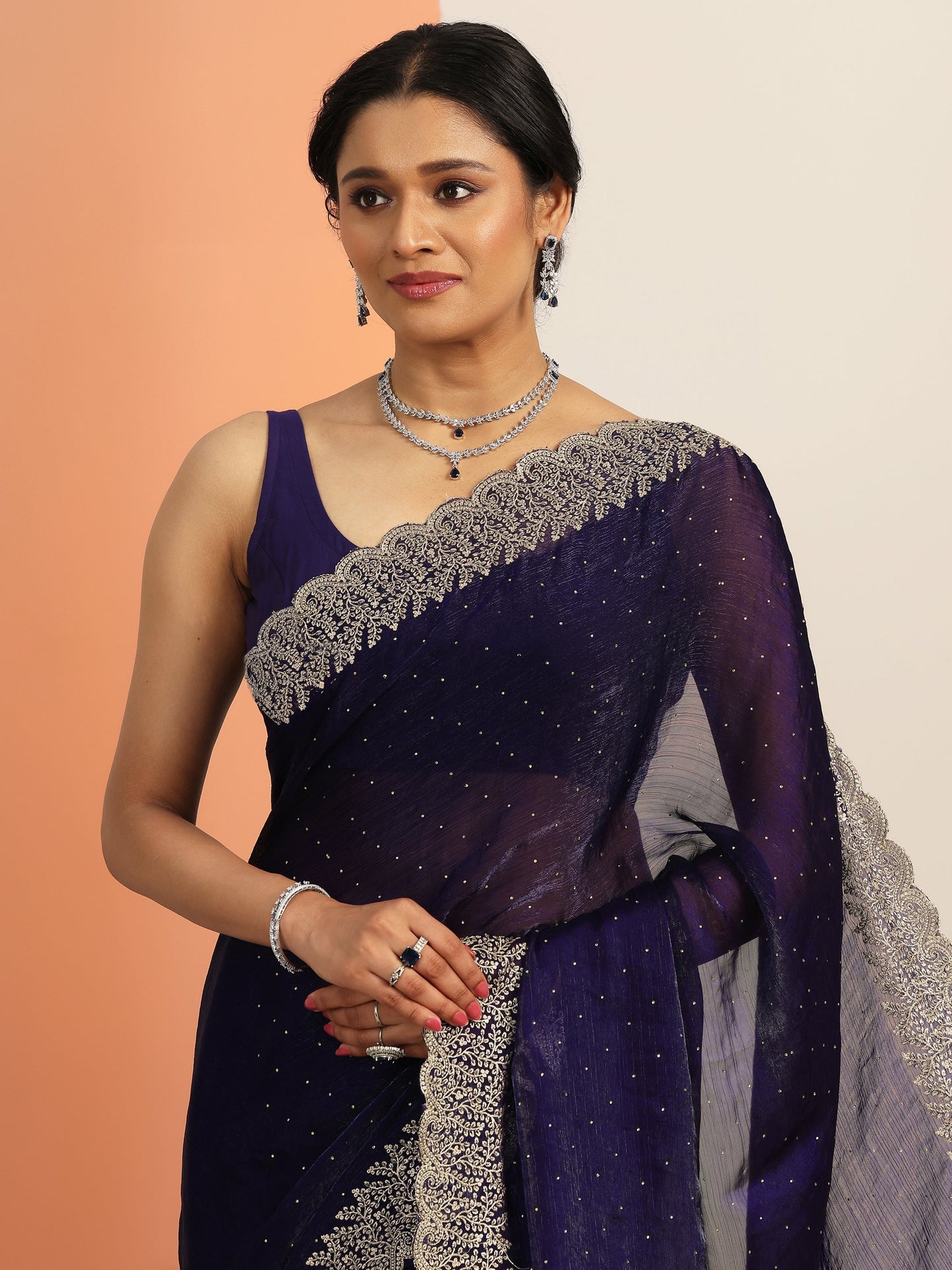 Navy blue Embellished Chiffon Saree With Unstitched Blouse Piece