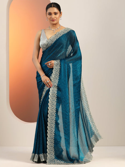 Blue Embellished Chiffon Saree With Unstitched Blouse Piece