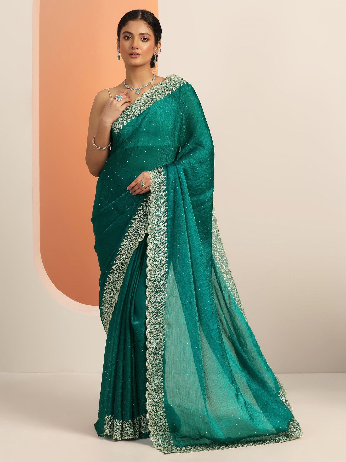 Teal Embellished Chiffon Saree With Unstitched Blouse Piece