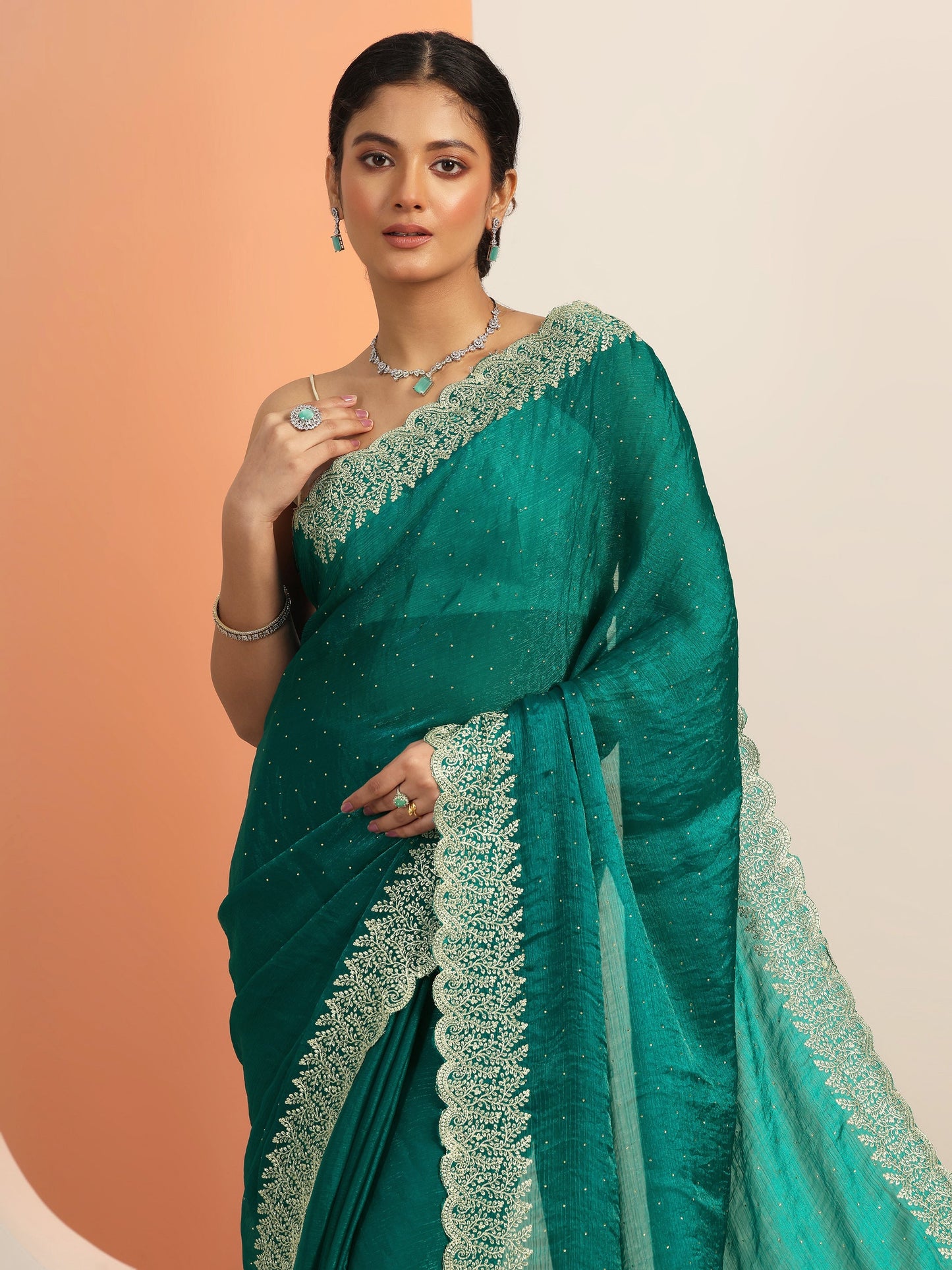 Teal Embellished Chiffon Saree With Unstitched Blouse Piece