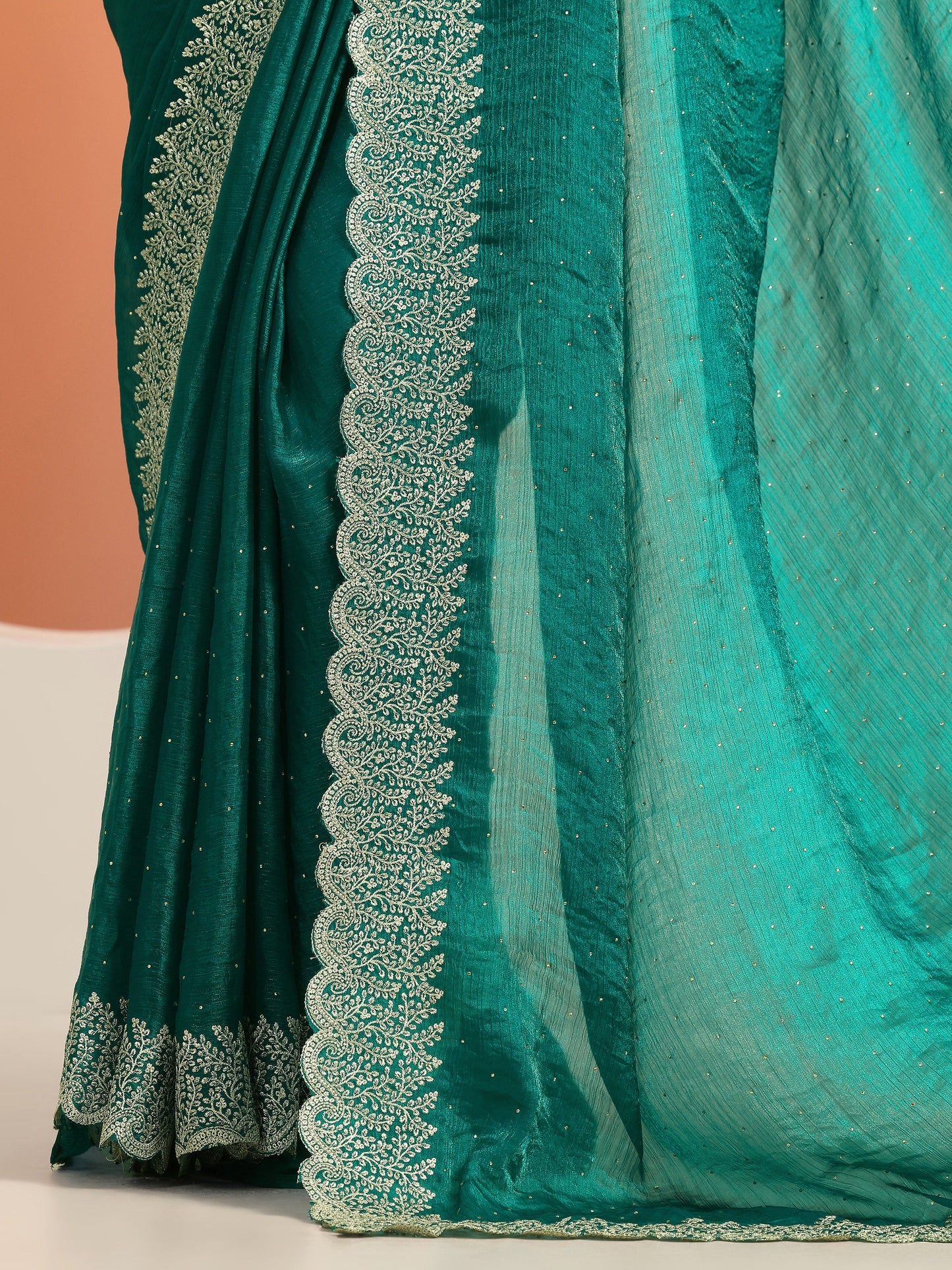 Teal Embellished Chiffon Saree With Unstitched Blouse Piece