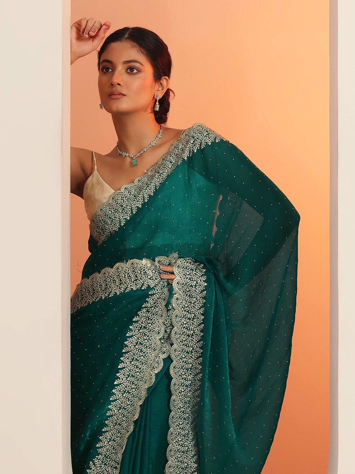 Teal Embellished Chiffon Saree With Unstitched Blouse Piece
