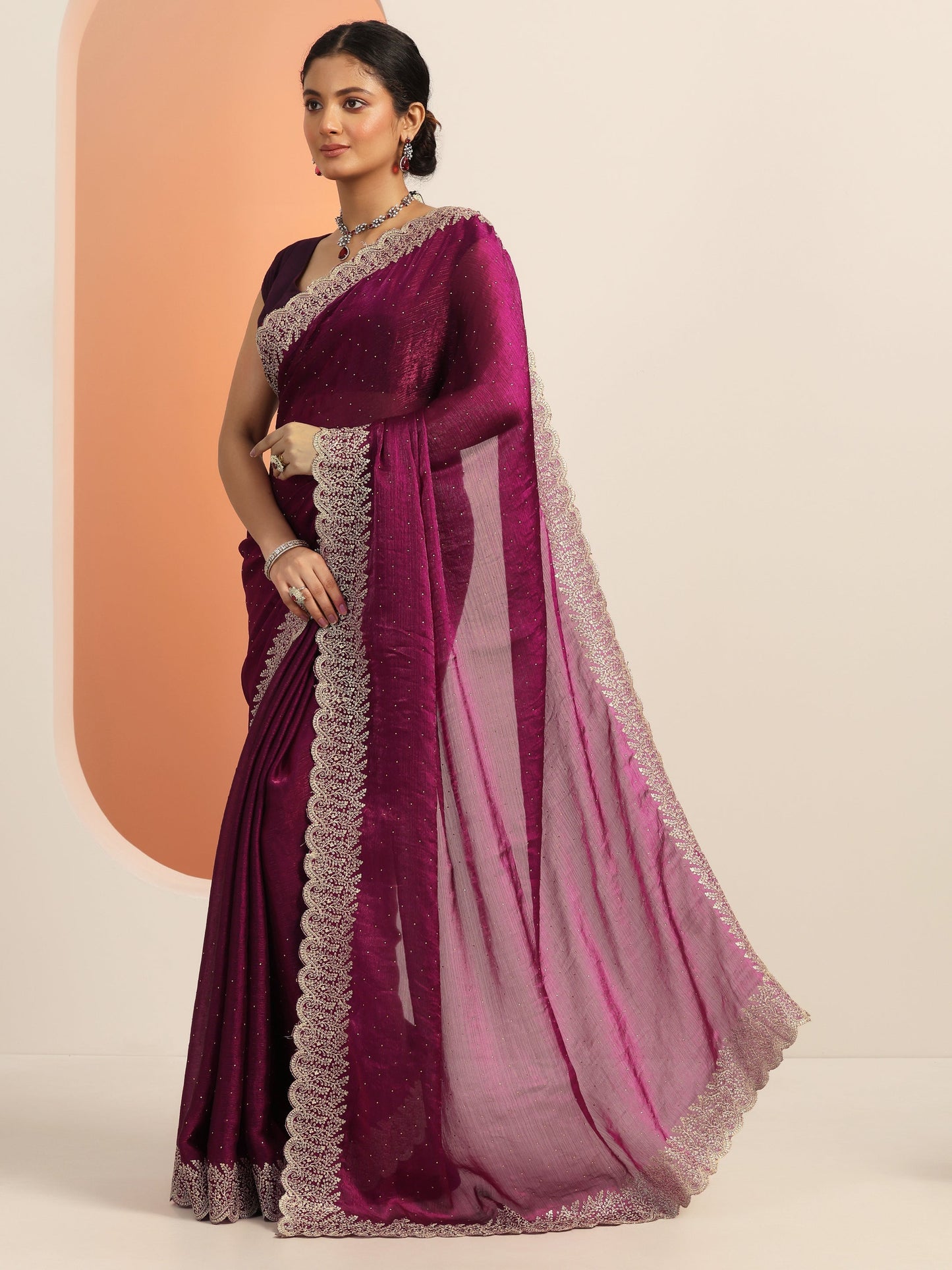 Magenta Embellished Chiffon Saree With Unstitched Blouse Piece