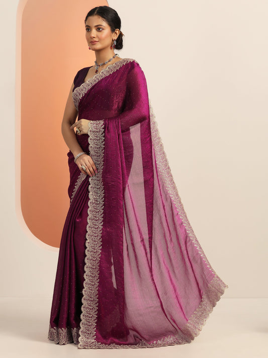 Magenta Embellished Chiffon Saree With Unstitched Blouse Piece