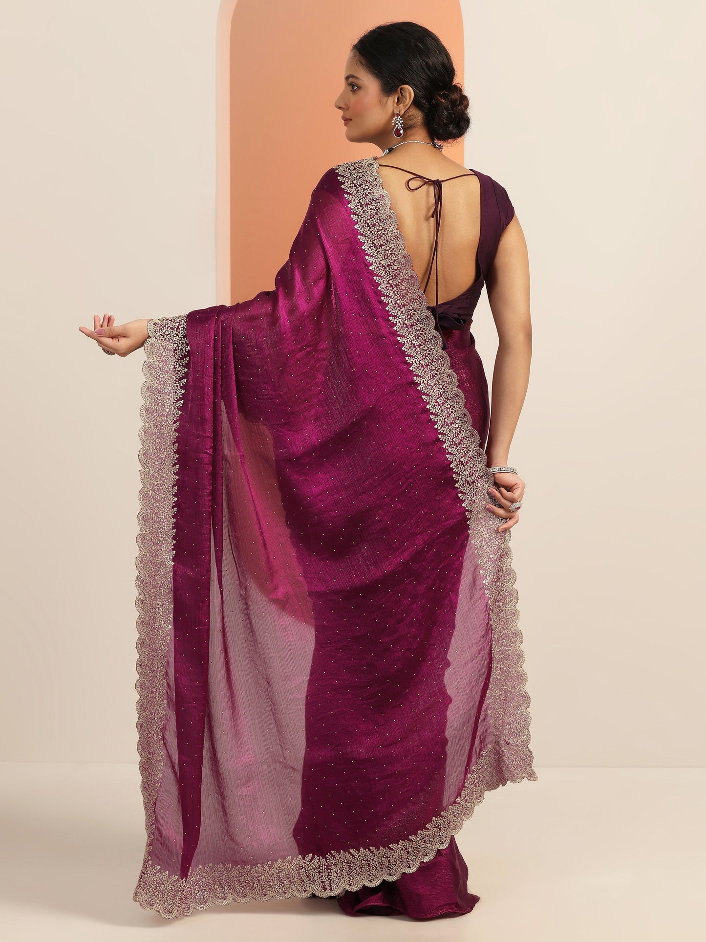 Magenta Embellished Chiffon Saree With Unstitched Blouse Piece